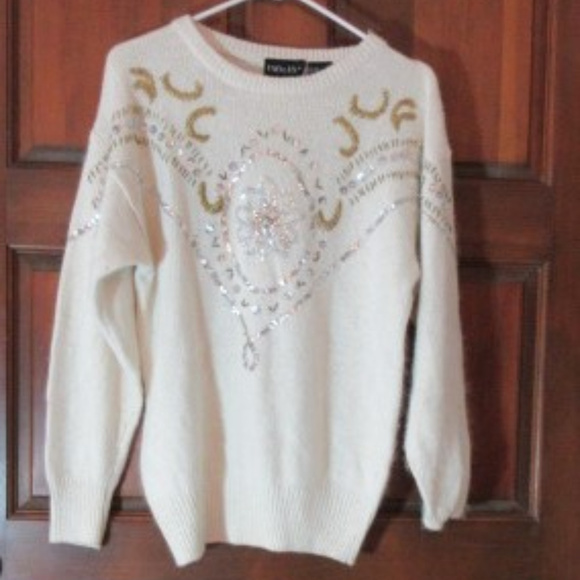 FANCY CREAM SWEATER SEQUINS BEADS Small UNO & UNA - Picture 1 of 4